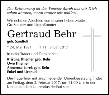 Traueranzeige von Gertraud Behr von Mitteldeutsche Zeitung Halle/Saalkreis