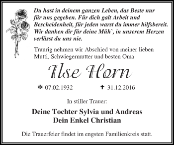 Traueranzeige von Ilse  Horn von WVG - Wochenspiegel Dessau / Köthen