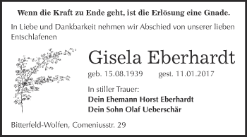 Traueranzeige von Gisela Eberhardt von WVG - Wochenspiegel Bitterfeld