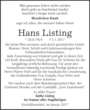 Traueranzeige von Hans Listing von Super Sonntag Merseburg
