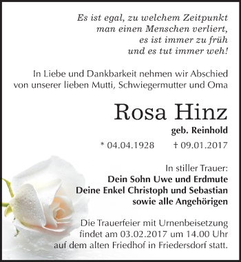 Traueranzeige von Rosa Hinz von Mitteldeutsche Zeitung Bitterfeld