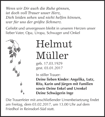 Traueranzeige von Helmut Müller von WVG - Wochenspiegel Wittenberg
