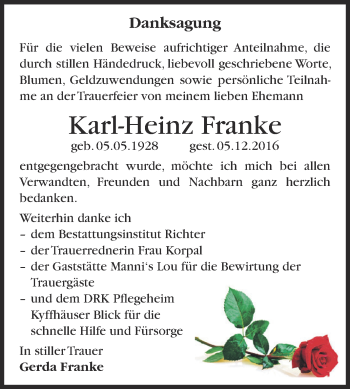 Traueranzeige von Karl-Heinz Franke von Super Sonntag SGH Mansf. Land