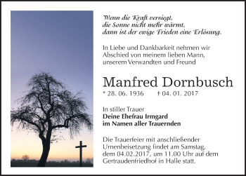 Traueranzeige von Manfred Dornbusch von Mitteldeutsche Zeitung Halle/Saalkreis