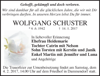 Traueranzeige von Wolfgang Schuster von Mitteldeutsche Zeitung Halle/Saalkreis