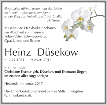 Traueranzeige von Heinz Düsekow von Mitteldeutsche Zeitung Mansfelder Land
