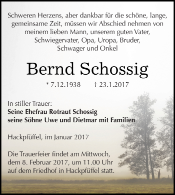 Traueranzeige von Bernd Schossig von Super Sonntag SGH Mansf. Land
