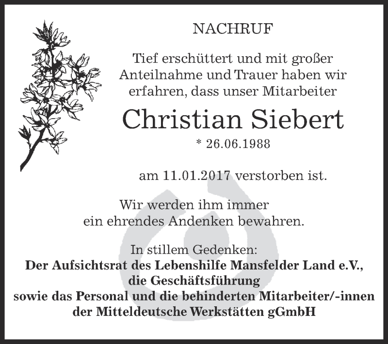  Traueranzeige für Christian Siebert vom 28.01.2017 aus Super Sonntag SGH Mansf. Land