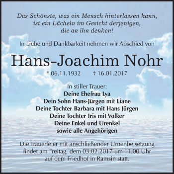 Traueranzeige von Hans-Joachim Nohr von WVG - Wochenspiegel Bitterfeld