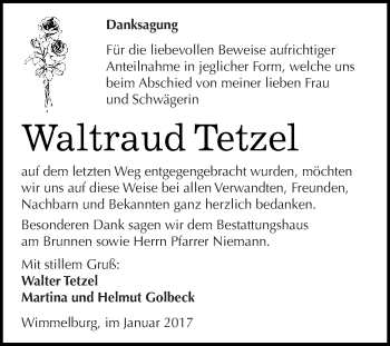 Traueranzeige von Waltraud Tetzel von Wochenspiegel Mansfelder Land