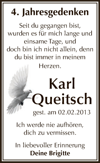 Traueranzeige von Karl Queitsch von WVG - Wochenspiegel Dessau / Köthen