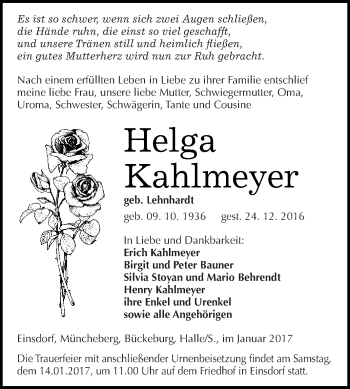 Traueranzeige von Helga Kahlmeyer von Super Sonntag SGH Mansf. Land