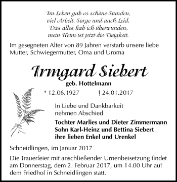 Traueranzeige von Irmgard Siebert von Mitteldeutsche Zeitung Aschersleben