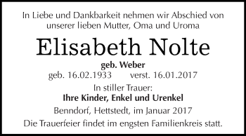 Traueranzeige von Elisabeth Nolte von Wochenspiegel Mansfelder Land