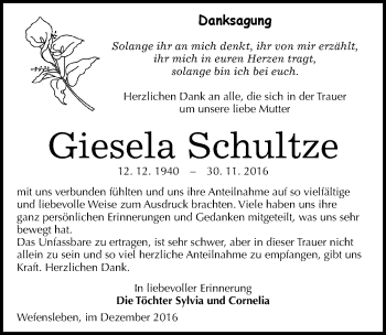 Traueranzeige von Giesela Schultze von Mitteldeutsche Zeitung Mansfelder Land