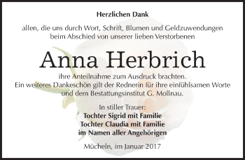 Traueranzeige von Anna Herbrich von Mitteldeutsche Zeitung Merseburg/Querfurt