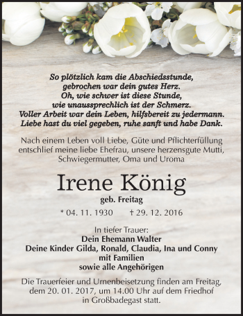 Traueranzeige von Irene König von Mitteldeutsche Zeitung Köthen