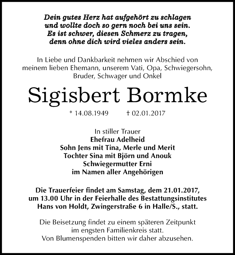  Traueranzeige für Sigisbert Bormke vom 07.01.2017 aus Mitteldeutsche Zeitung Halle/Saalkreis