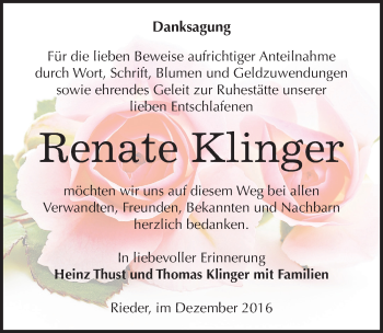 Traueranzeige von Renate Klinger von Mitteldeutsche Zeitung Quedlinburg