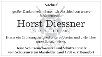 Traueranzeige von Horst Diessner von Super Sonntag SGH Mansf. Land