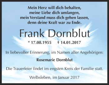 Traueranzeige von Frank Dornblut von Wochenspiegel Mansfelder Land