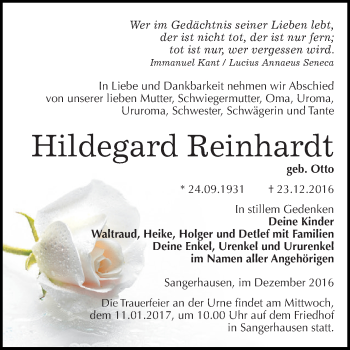 Traueranzeige von Hildegard Reinhardt von Super Sonntag SGH Mansf. Land