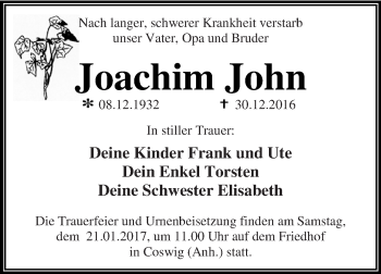 Traueranzeige von Joachim John von WVG - Wochenspiegel Dessau / Köthen