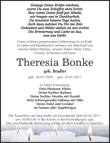 Traueranzeige von Theresia Bonke von Mitteldeutsche Zeitung Naumburg/Nebra