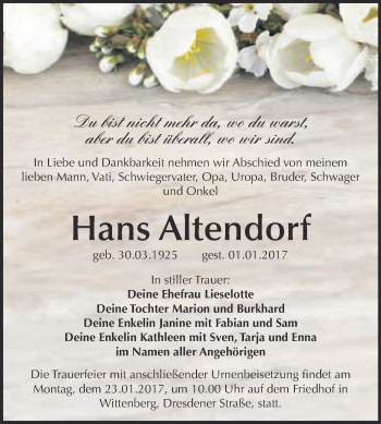 Traueranzeige von Hans Altendorf von WVG - Wochenspiegel Wittenberg