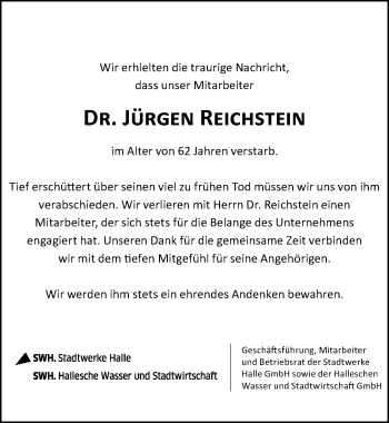 Traueranzeige von Jürgen Reichstein von Mitteldeutsche Zeitung Halle/Saalkreis