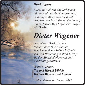 Traueranzeige von Dieter Wegener von Super Sonntag Quedlinburg