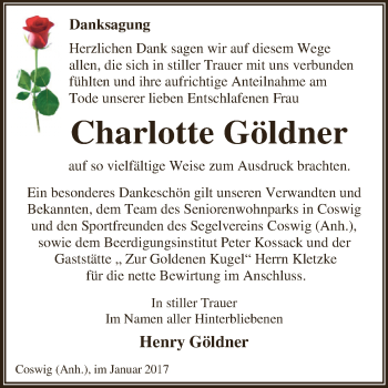 Traueranzeige von Charlotte Göldner von WVG - Wochenspiegel Dessau / Köthen