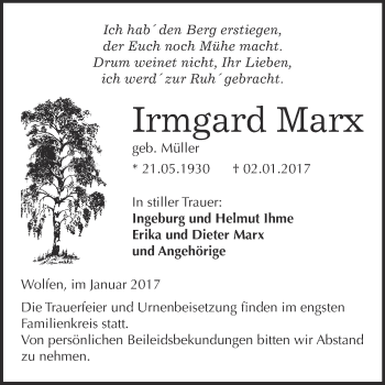 Traueranzeige von Irmgard Marx von WVG - Wochenspiegel Bitterfeld