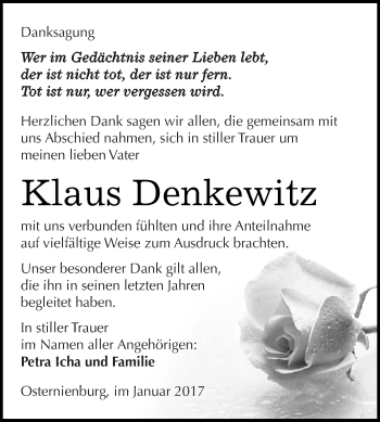 Traueranzeige von Klaus Denkewitz von WVG - Wochenspiegel Dessau / Köthen