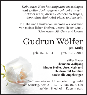 Traueranzeige von Gudrun Wölfer von Mitteldeutsche Zeitung Bitterfeld
