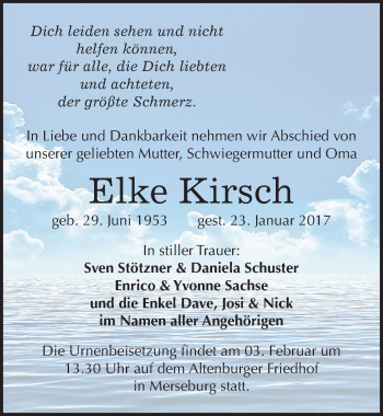 Traueranzeige von Elke Kirsch von Mitteldeutsche Zeitung Merseburg/Querfurt