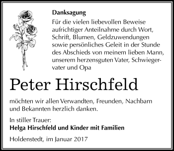 Traueranzeige von Peter Hirschfeld von Mitteldeutsche Zeitung Sangerhausen