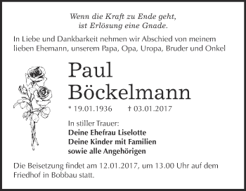 Traueranzeige von Paul Böckelmann von WVG - Wochenspiegel Bitterfeld