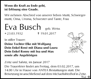 Traueranzeige von Eva Busch von Mitteldeutsche Zeitung Zeitz
