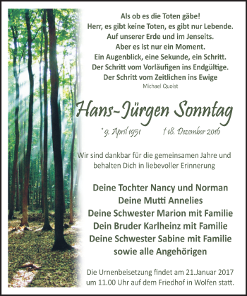 Traueranzeige von Hans-Jürgen Sonntag von Mitteldeutsche Zeitung Bitterfeld