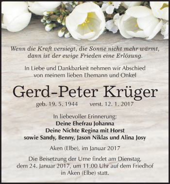 Traueranzeige von Gerd-Peter Krüger von Mitteldeutsche Zeitung Köthen