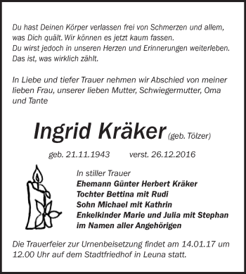 Traueranzeige von Ingrid Kräker von WVG - Wochenspiegel Merseburg
