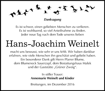 Traueranzeige von Hans-Joachim Weinelt von Mitteldeutsche Zeitung Sangerhausen