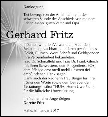 Traueranzeige von Gerhard Fritz von Mitteldeutsche Zeitung Halle/Saalkreis