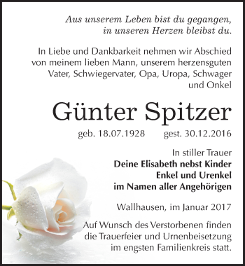 Traueranzeige von Günter Spitzer von Mitteldeutsche Zeitung Sangerhausen