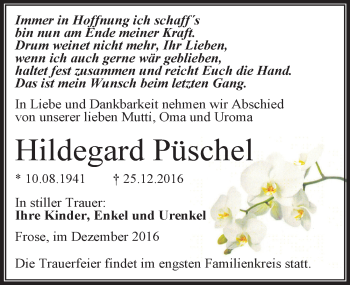 Traueranzeige von Hildegard Püschel von Mitteldeutsche Zeitung Aschersleben