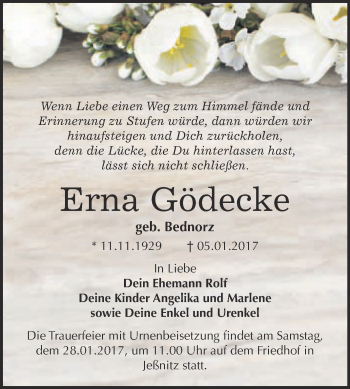 Traueranzeige von Erna Gödecke von WVG - Wochenspiegel Bitterfeld