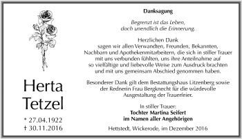 Traueranzeige von Herta Tetzel von Mitteldeutsche Zeitung Mansfelder Land