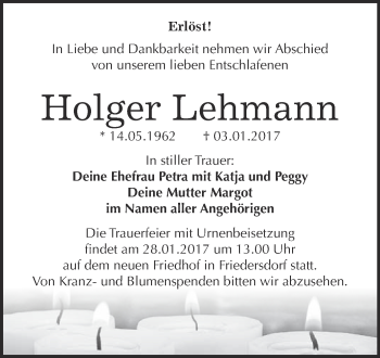 Traueranzeige von Holger Lehmann von WVG - Wochenspiegel Bitterfeld