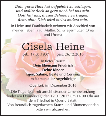 Traueranzeige von Gisela Heine von Mitteldeutsche Zeitung Merseburg/Querfurt